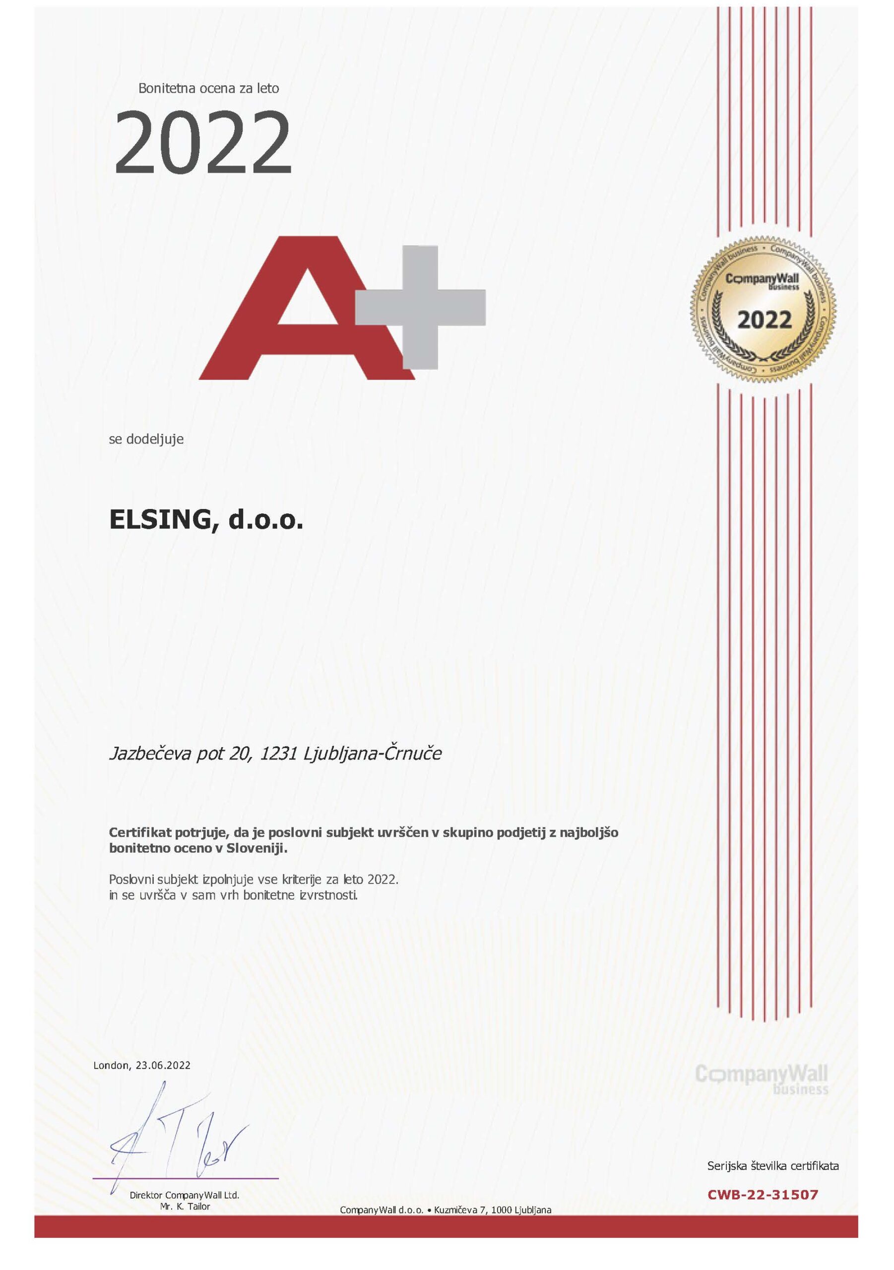 Potrdili smo certifikat vodenja ISO 9001 in pridobili certifikat za odlično bonitetno oceno A+ Bonitetna ocena 2022 ELSING d.o.o. scaled