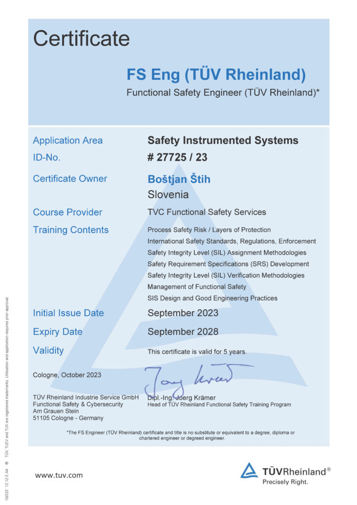 Elsing krepi strokovnost na področju funkcionalne varnosti Certifikat TUV RheinLand 27725 2023 SIS
